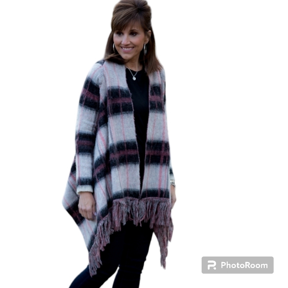 Lucky Brand Brushed Plaid Long Line Waterfall fringe, open front Cardigan Sz M